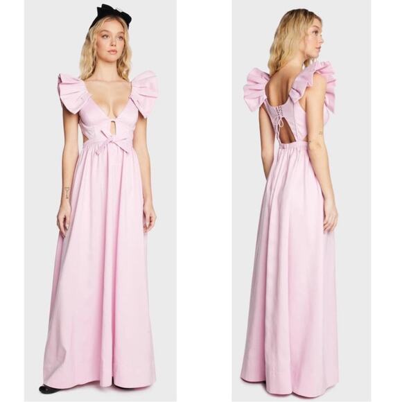 For Love & Lemons Miriam Ruffle Sleeve Bow Detail Pink Maxi Dress Sz Small - Picture 3 of 15